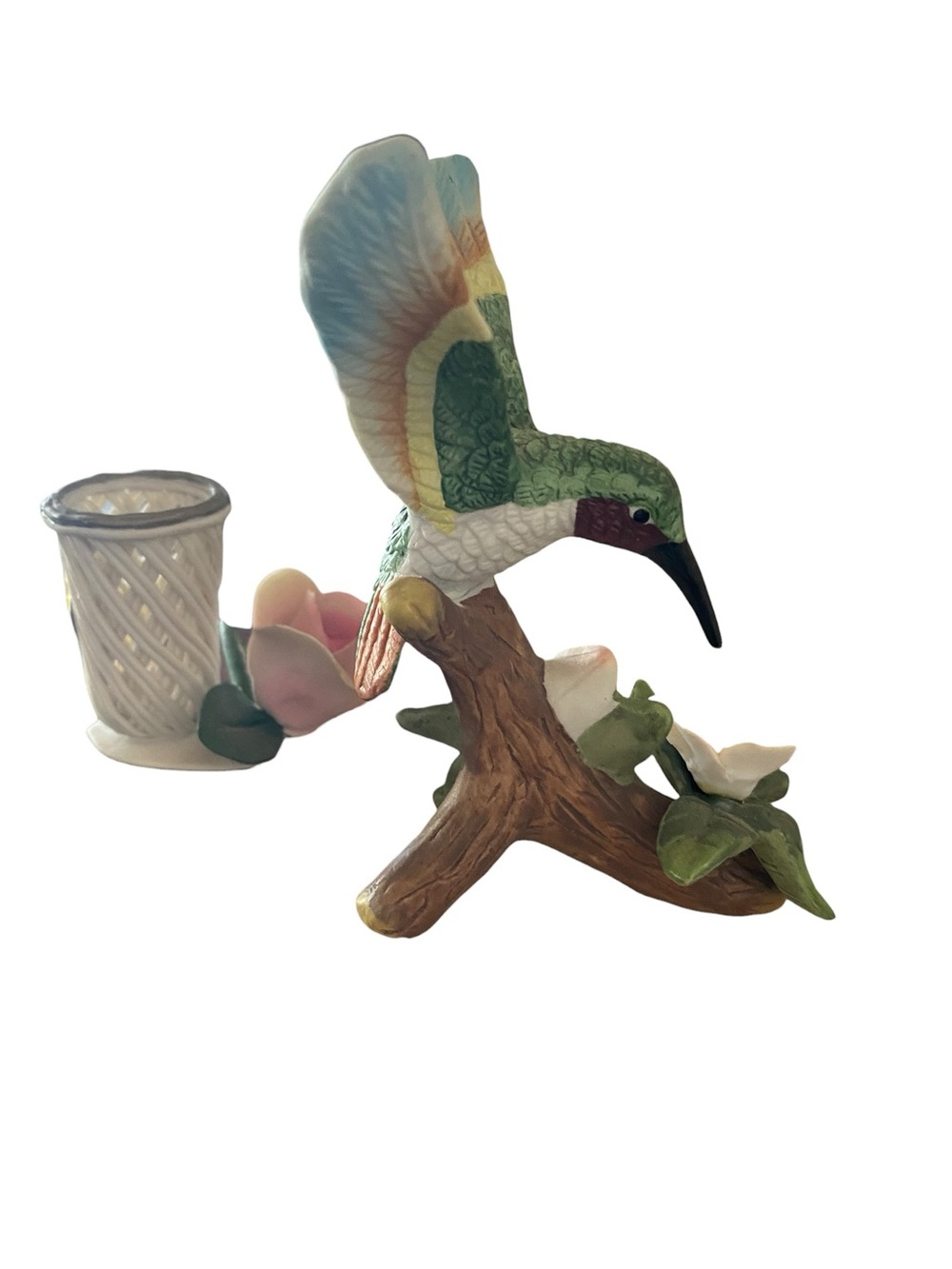 Vintage Italy Capodimonte Savastano ceramic candleholder & hummingbird figurine